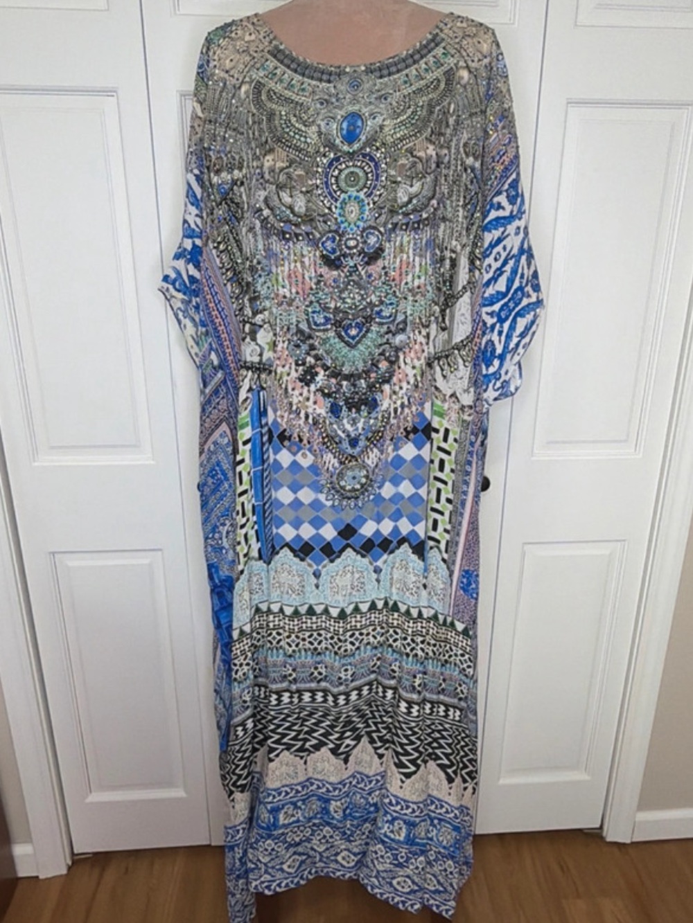 Camilla Blue and White Printed Embellished Kaftan Maxi Dress